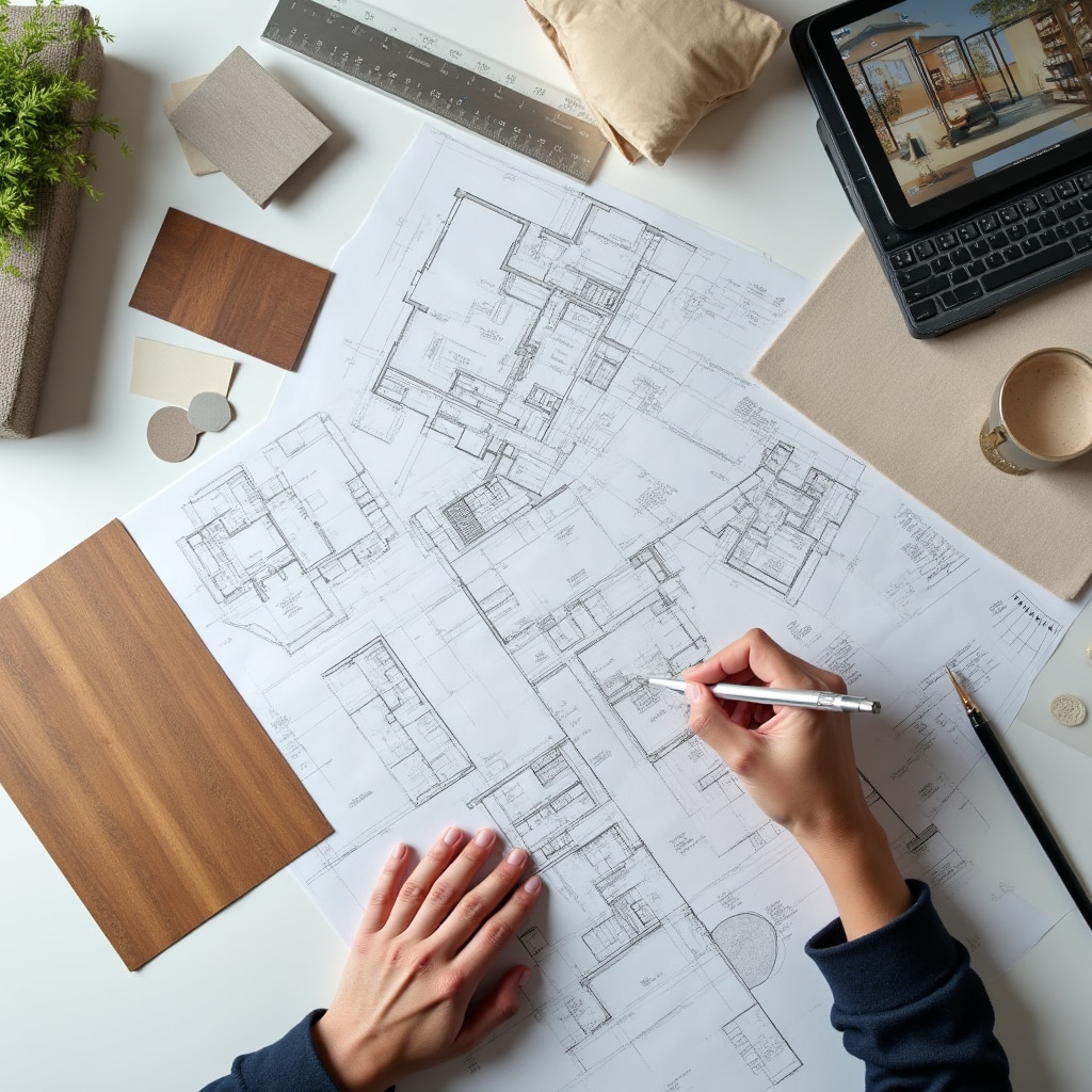 Close-up of architectural planning details and material samples