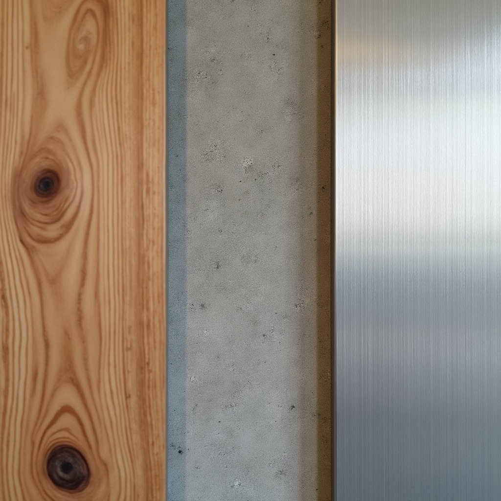 Close-up of natural materials showing wood, concrete and metal textures