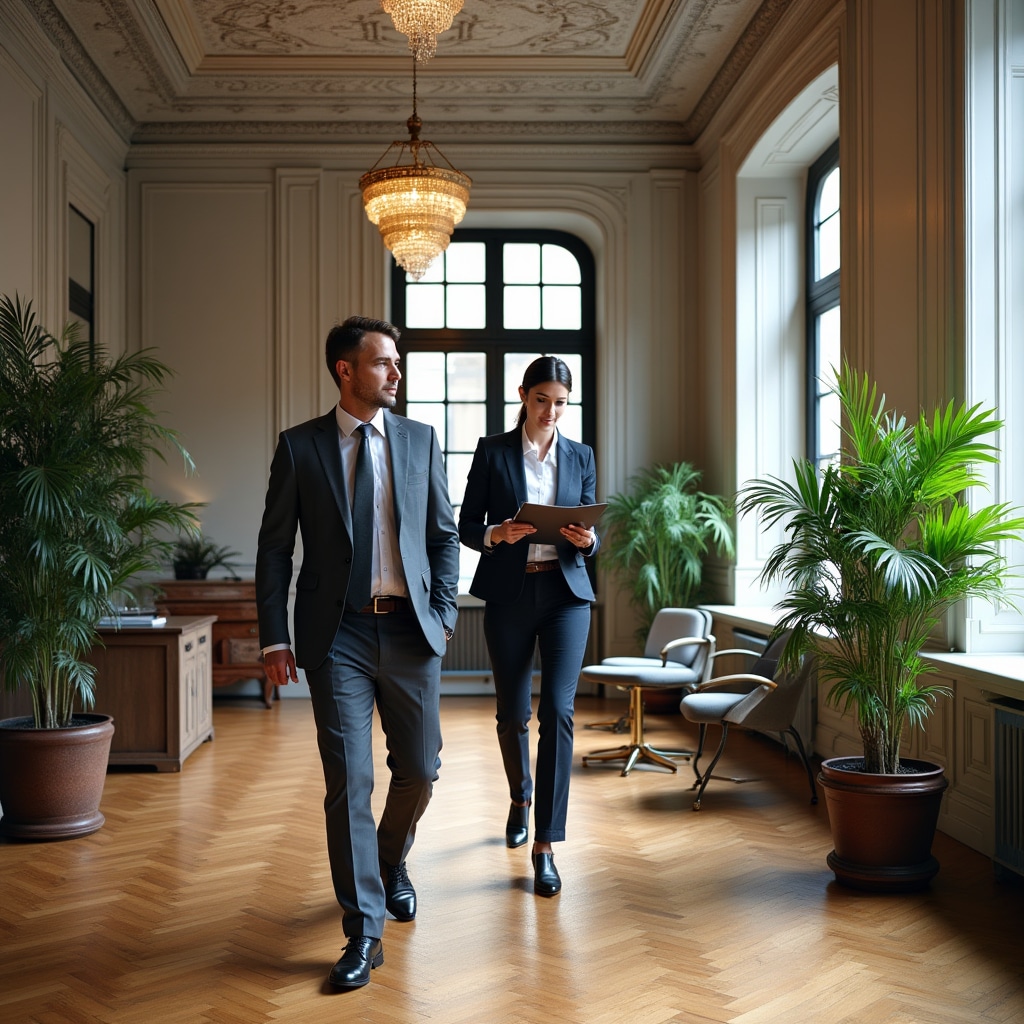 Renovated professional building interior with modern amenities and classic architectural details