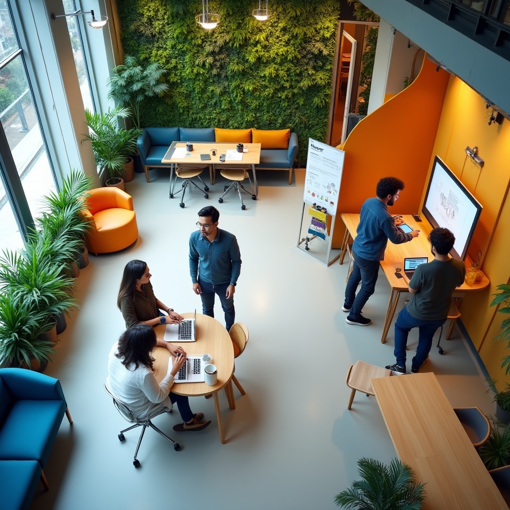 Modern tech startup office with open collaborative zones and private focus areas