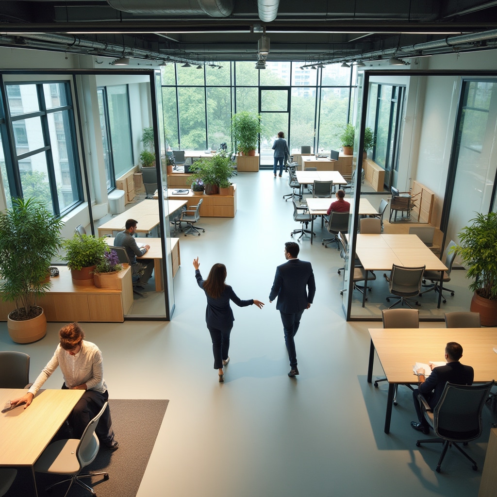 Open floor plan showing flexible spatial zones with movable partitions